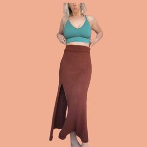 Free People Rust Brown Knit Maxi Skirt with Front Slit